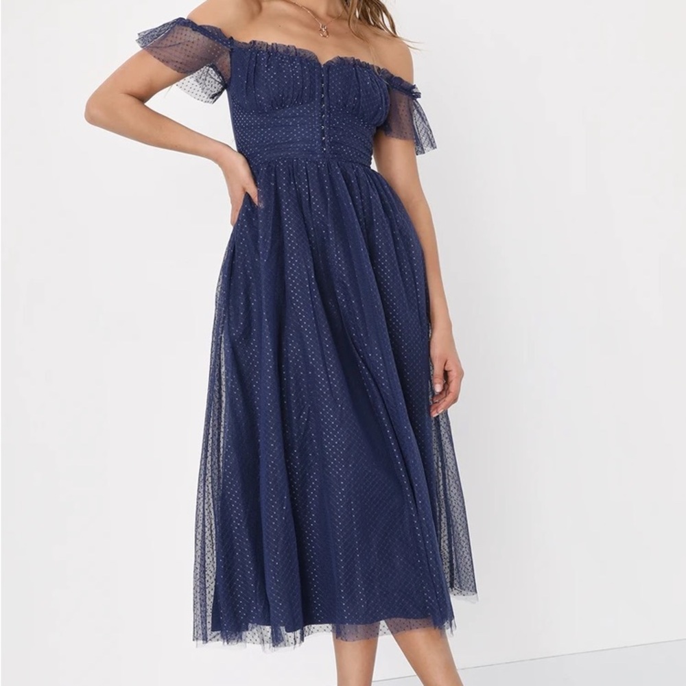 Regal Radiance Navy-Blue Tulle Bustier Lace Midi-Dress